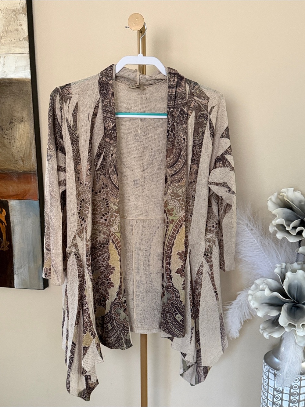 Cactus Beige and Brown Paisley Open-Front Cardigan
